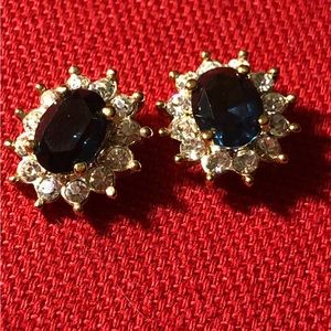 Roman Art Glass Vintage Blue &White Rhinestones set in Gold Toned Trim Pierced